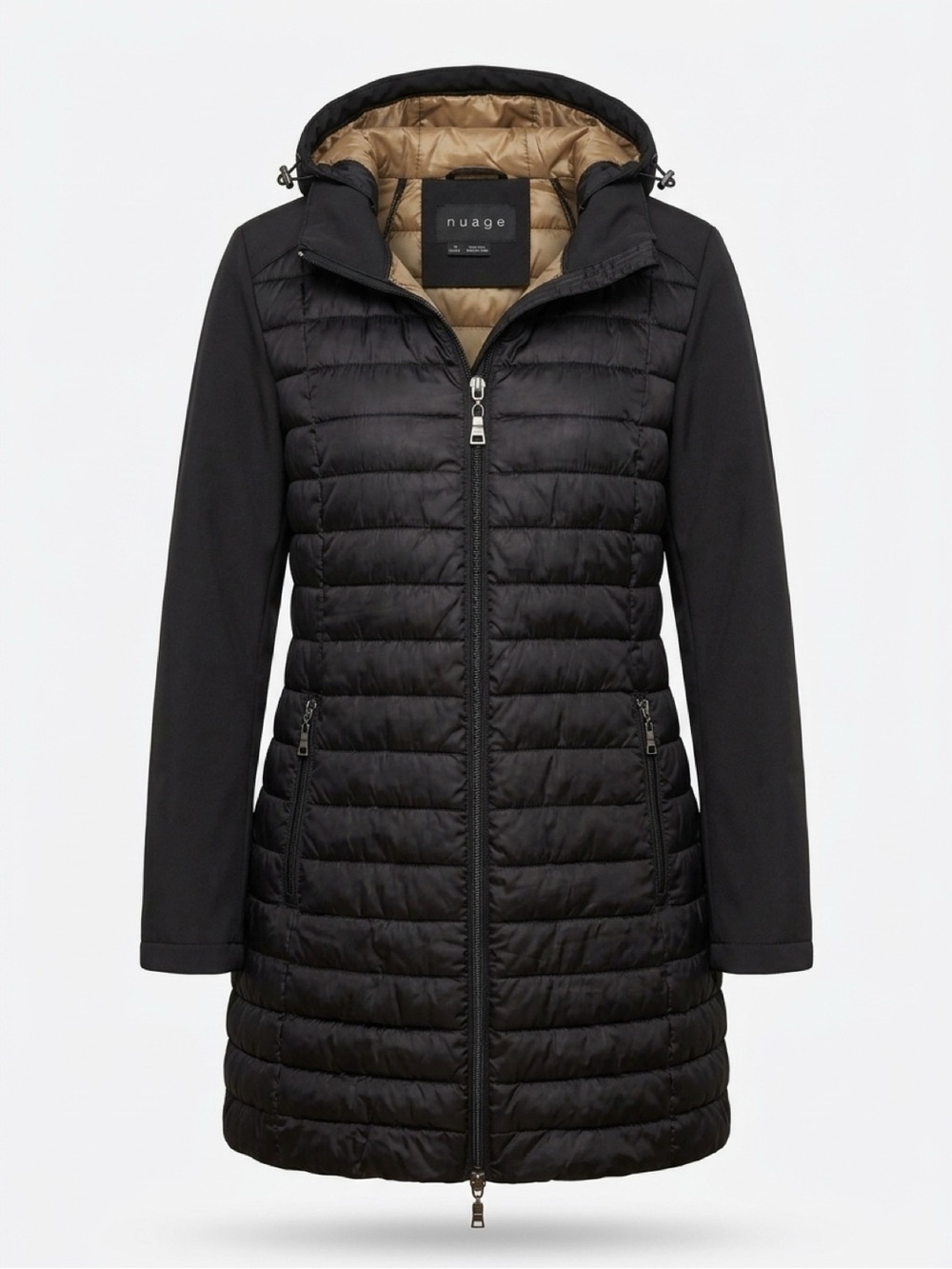 nuage Women's Black Quilted Puffer Coat with Contrast Tan Lining